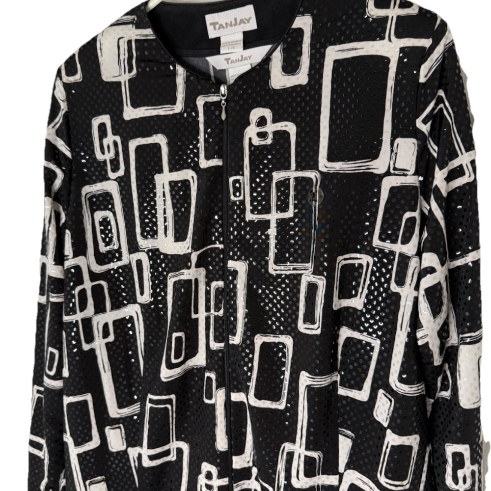 NEW TanJay Set Black Jacket L‎ & Sleeves Blouse XL White Abstract Design Sequin
